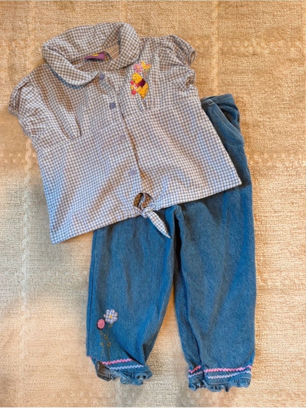 Vintage Girls' Blue Gingham Top and Denim Pants Set with Winnie the Pooh